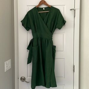 Green Linen Wrap Dress, Size Small